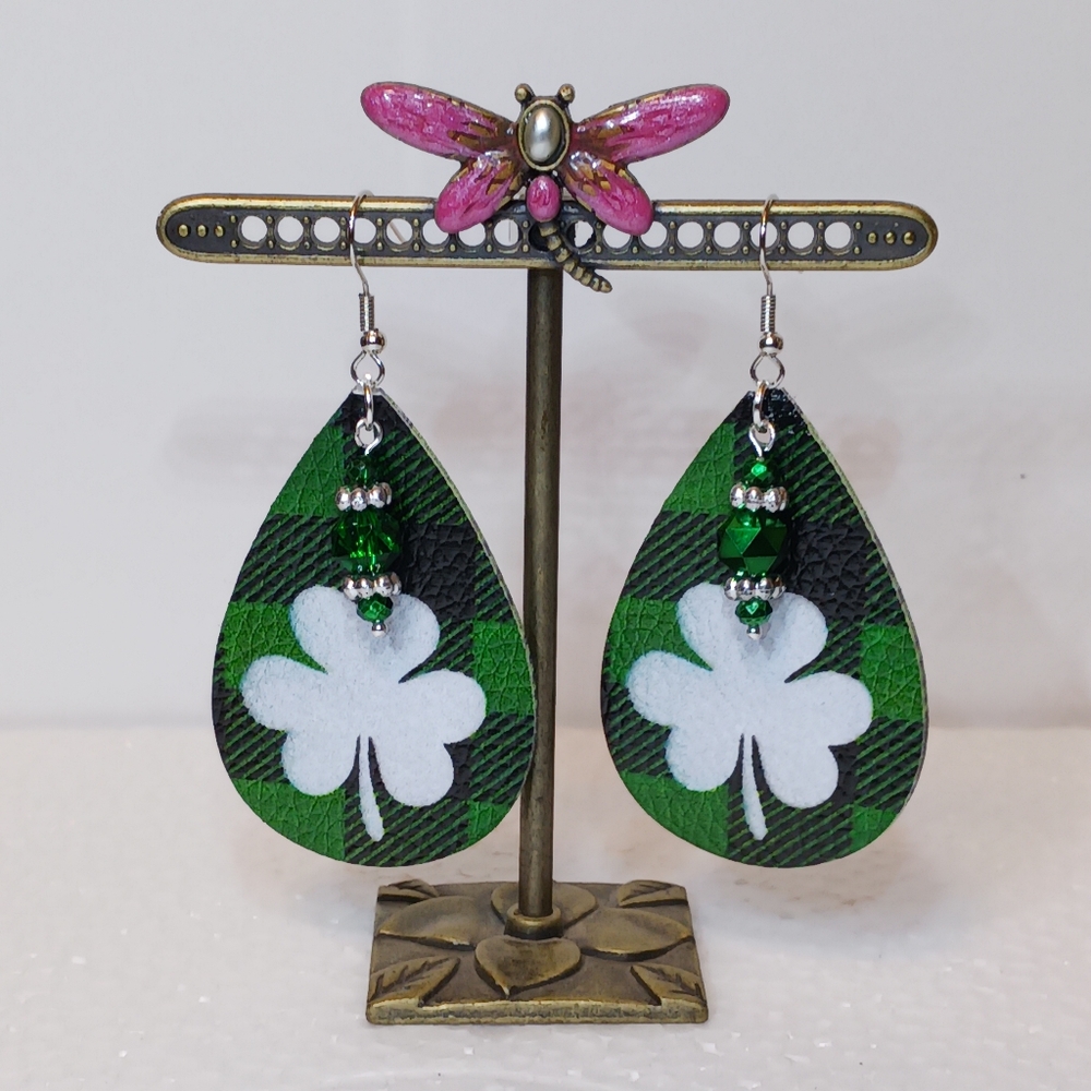 St. Patrick's day Earrings. Lt. wt. Vinyl shamrock print teardrop crystal dangle